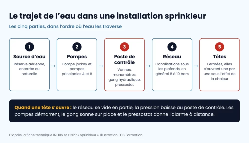 Schéma d’une installation sprinkleur : source d’eau, pompes, poste de contrôle, réseau et têtes